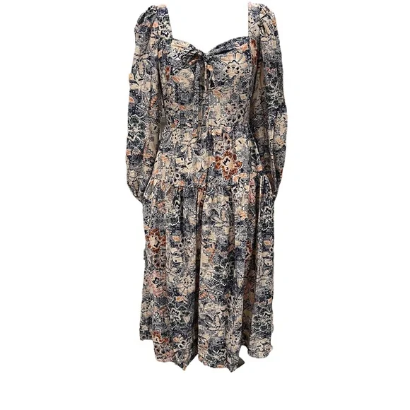 Moon River Dresses | Anthropologie Moon River Puff Sleeves Tie Back Tiered Midi Dress Blue Small | Color: Blue/Red | Size: S | My_Vestiary's Closet